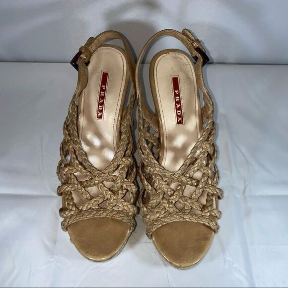 Prada Tan Braided Leather Wedges Size 36.5 Authentic - Picture 5 of 13